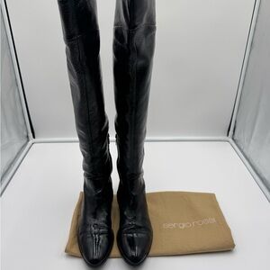 Like New Sergio Rossi Sleek Black Leather Over the Knee Boots 37.5